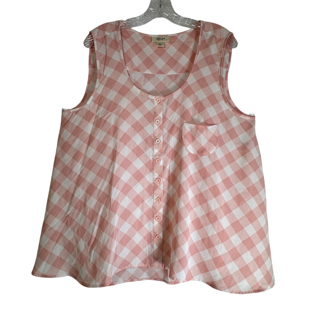 Style & Co Pink Gingham Button Front Sleeveless Top XL Simply Femme
